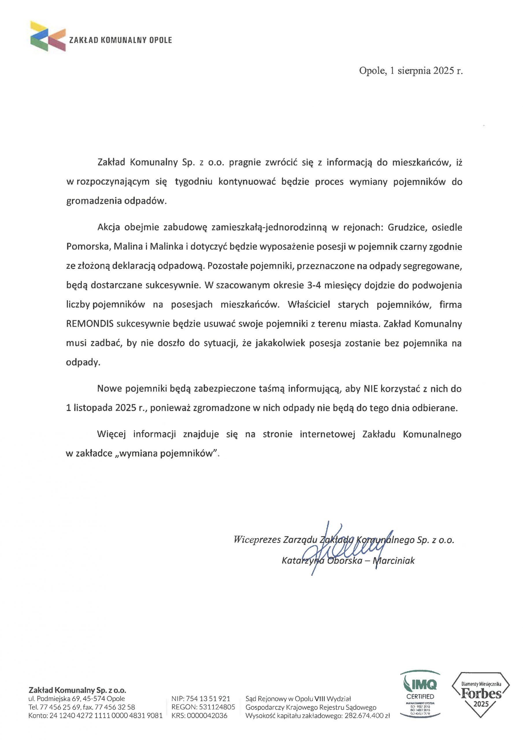 Ogłoszenie Zakładu Komunalnego w Opolu dla dzielnicy Malina